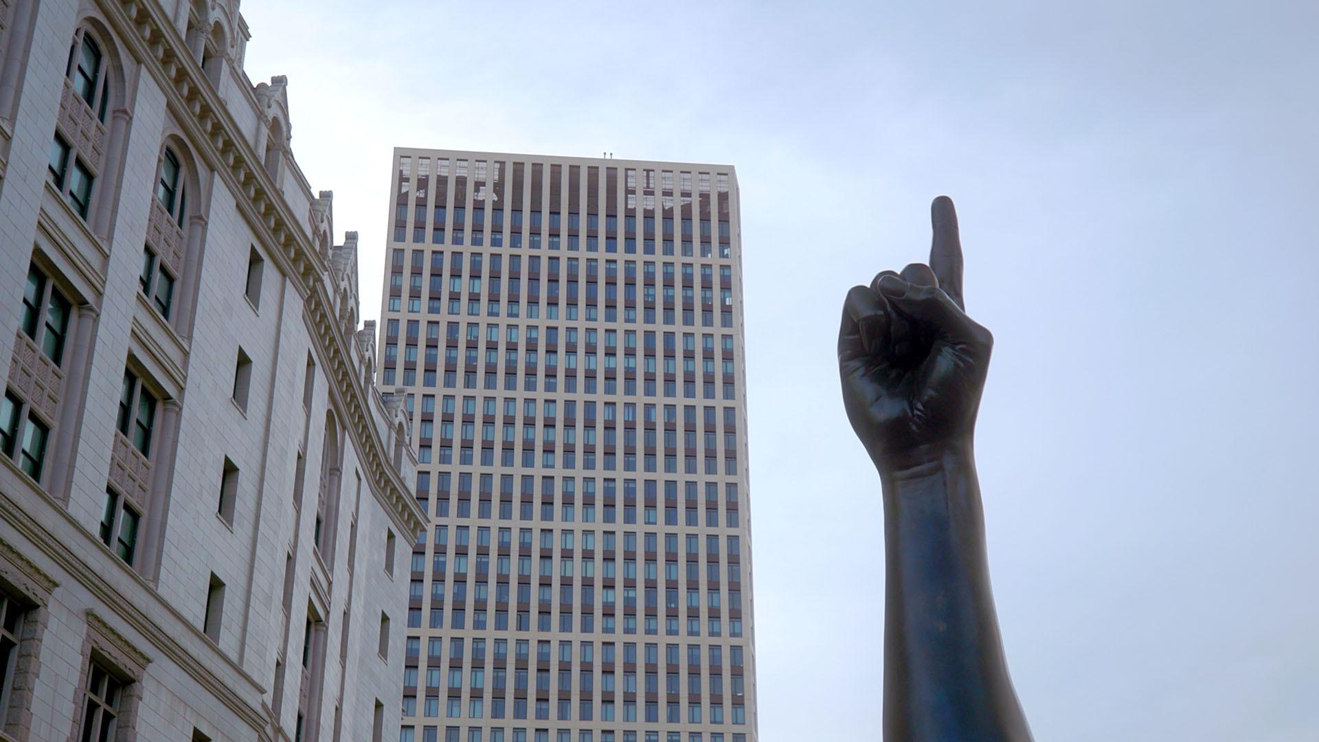 Hank Willis Thomas' sculpture "Unity" installed in downtown Brooklyn, New York. 