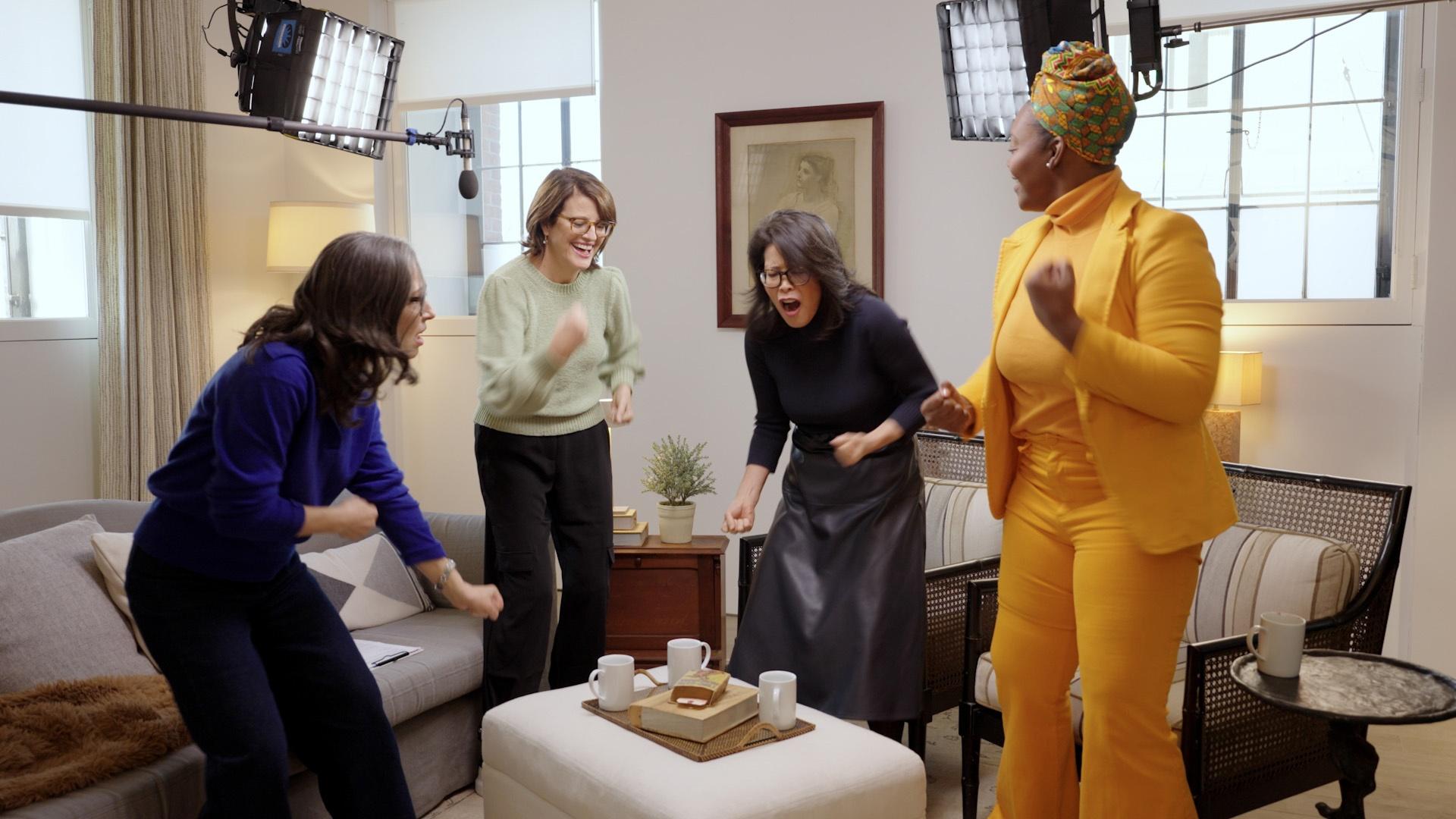 Manoush Zomorodi, Kelly Corrigan, Dr. Wendy Suzuki, and Mahogany L. Browne move together in NYC